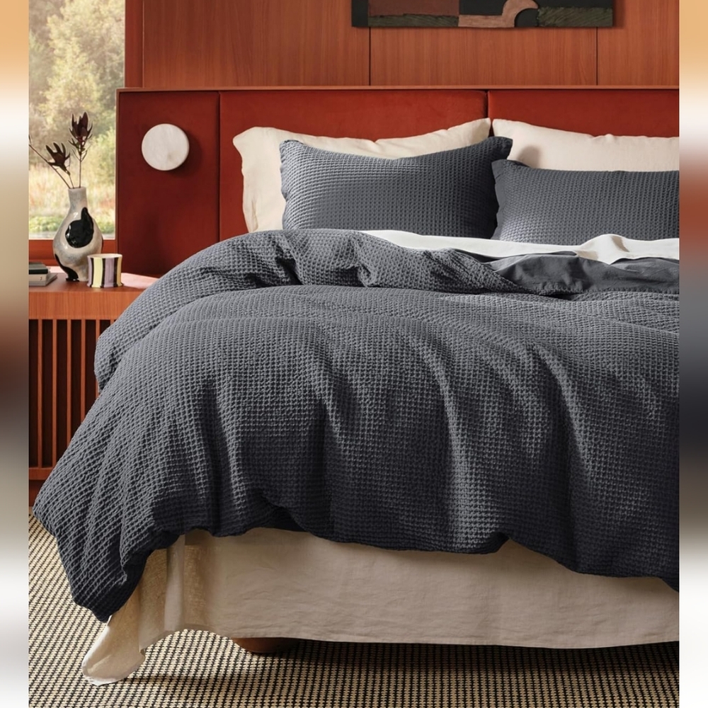Bedsure Cotton Duvet Cover King - 100% Cotton Waffle Weave Charcoal Duvet Cover